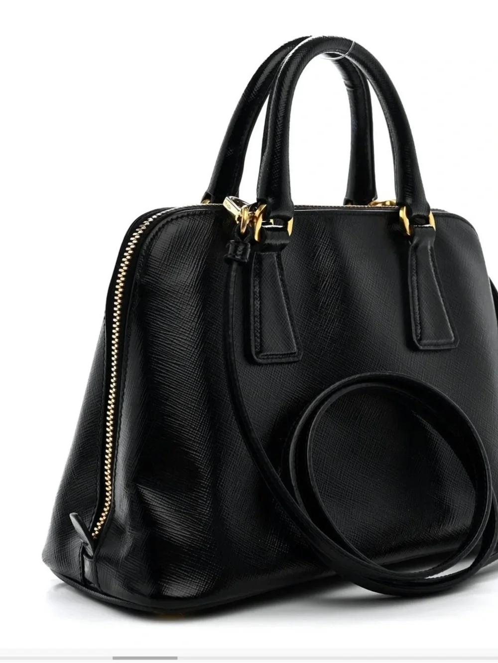 Prada Black Saffiano Leather Satchel tote bag with gold details